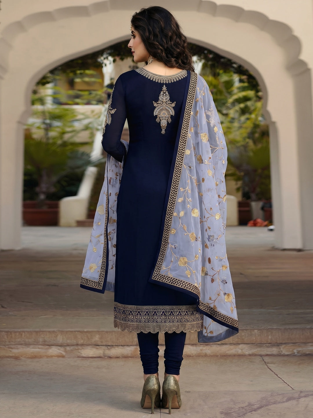 Navy Blue Embroidered Georgette Salwar Suit - Image 1