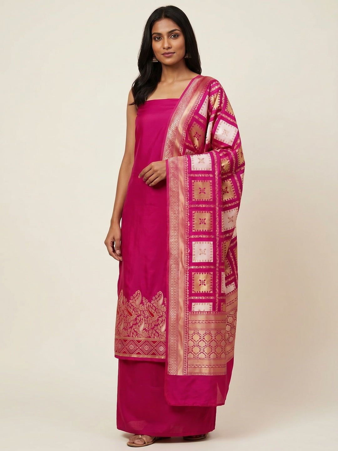 Mesmeric Dark Pink Colored Festive Wear Woven Heavy Banarasi Silk Dress Material - Image 1