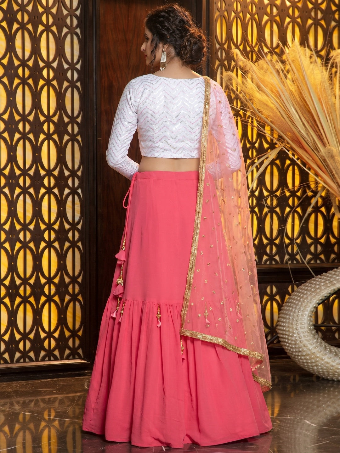 Energetic Pink Colored Partywear Foil Printed Georgette Lehenga Choli - Image 1