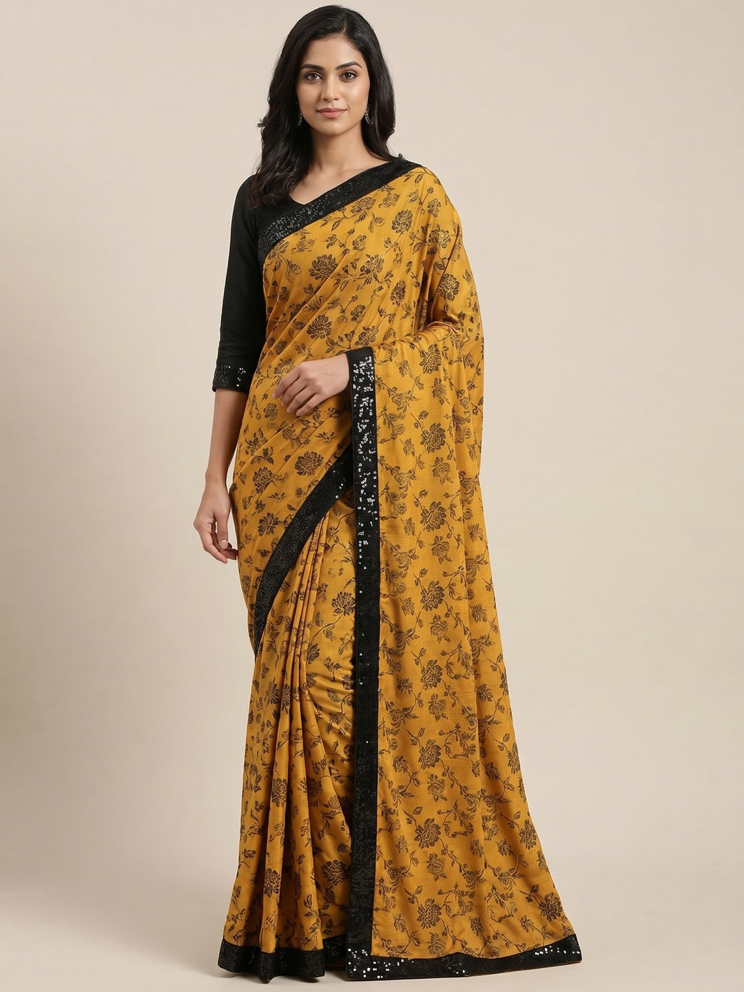 Eye-catching Mustard Colored Festive Wear Floral Woven Art Silk Saree - Image 1