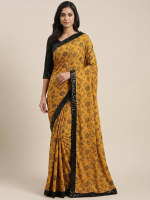 Eye-catching Mustard Colored Festive Wear Floral Woven Art Silk Saree - Image 1