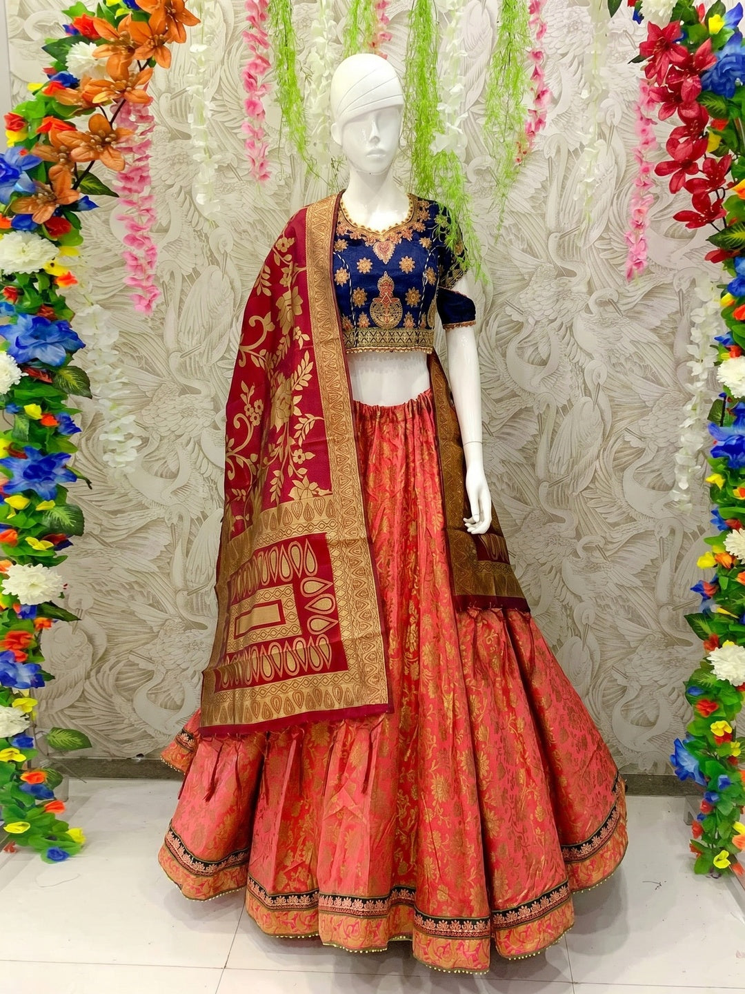 Opulent Rust Colored Designer Wedding Wear Woven Banarasi Silk Lehenga Choli - Image 1