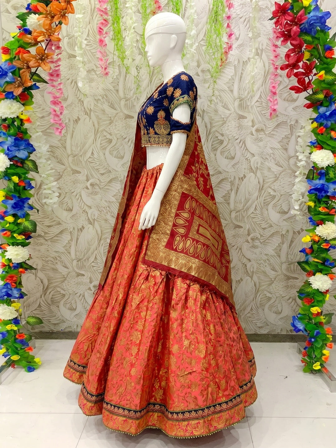 Opulent Rust Colored Designer Wedding Wear Woven Banarasi Silk Lehenga Choli - Image 3