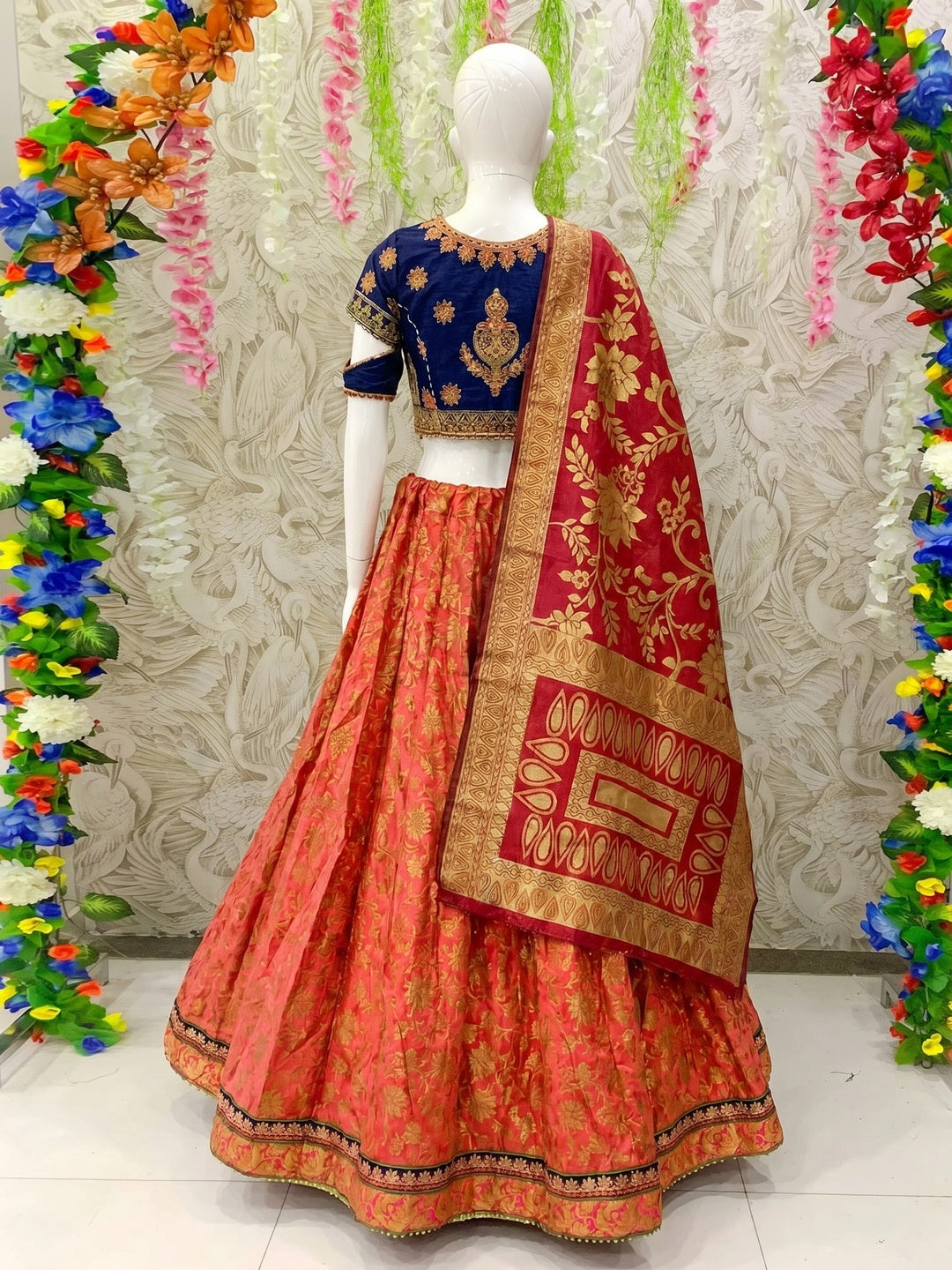 Opulent Rust Colored Designer Wedding Wear Woven Banarasi Silk Lehenga Choli - Image 2