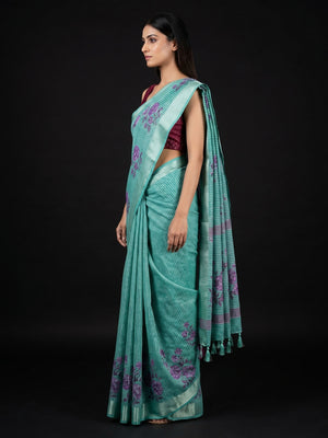 Adorning Sea Green Coloured Floral Print Casual Wear Striped Pattern Cotton Saree - Image 2