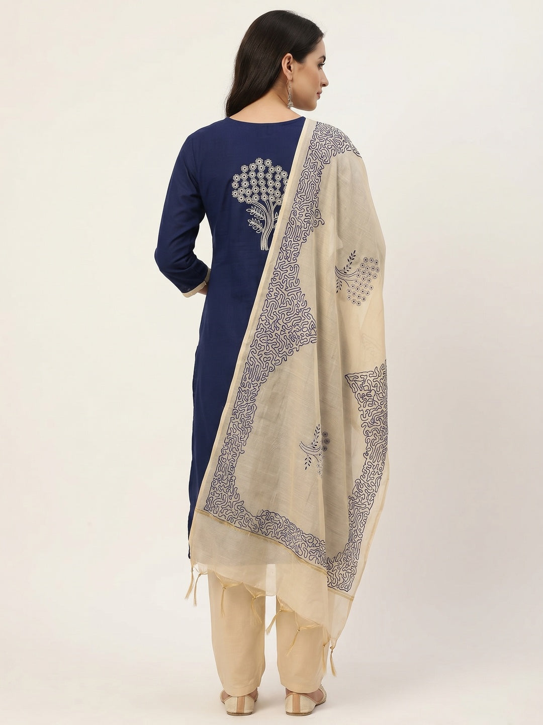 Navy Blue Embroidered Cotton Blend Dress Material - Image 3