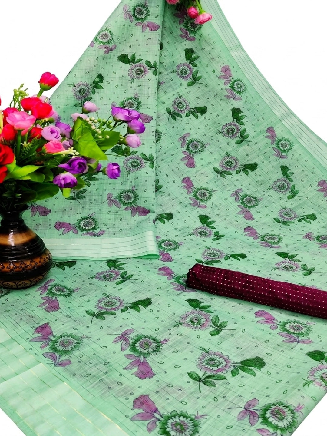 Adorning Sea Green Coloured Floral Print Casual Wear Striped Pattern Cotton Saree - Image 3