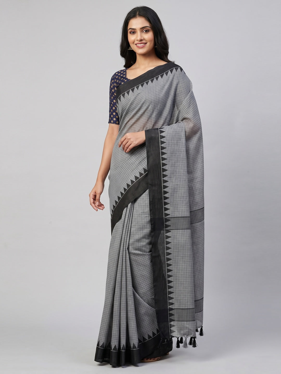 Grey lining Pattern Cotton Blend Saree - Image 1