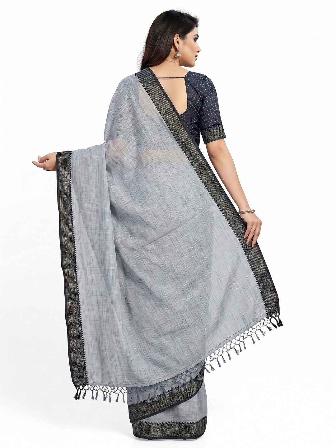 Grey lining Pattern Cotton Blend Saree - Image 3