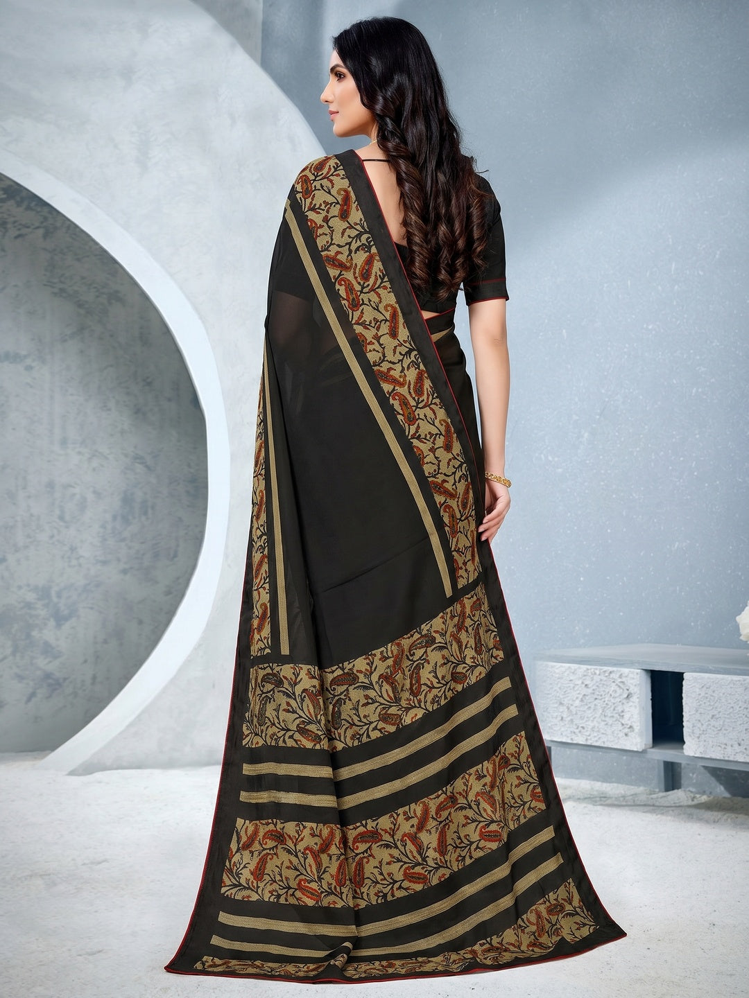 Charming Black Coloured Lace Piping Work Casual Wear Georgette Saree - Image 1
