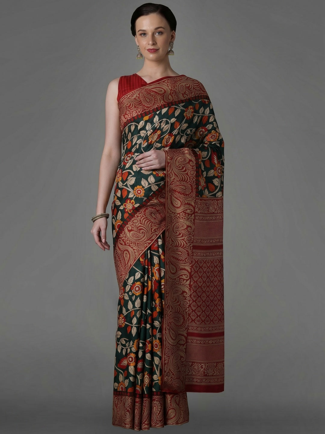 Green Casual Art Silk Printed Saree With Unstitched Blouse - Image 1