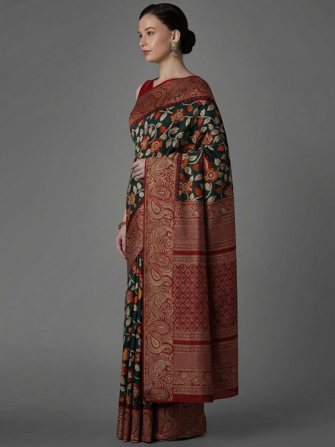 Green Casual Art Silk Printed Saree With Unstitched Blouse - Image 3