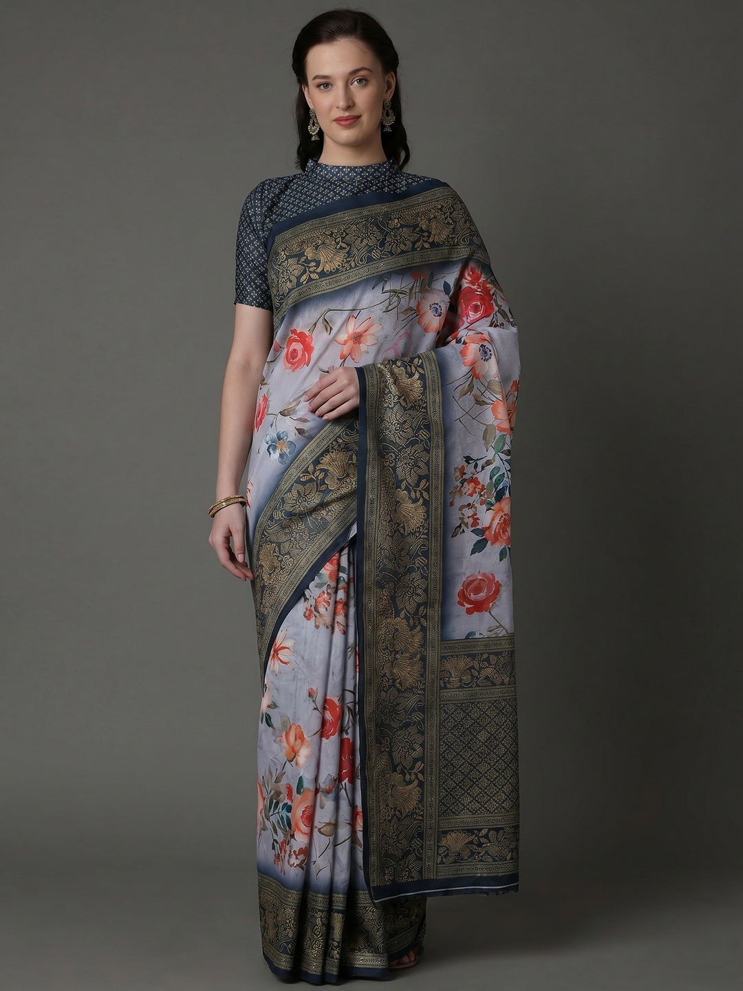 Grey Casual Cotton Silk Printed Saree With Unstitched Blouse - Image 1