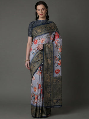 Grey Casual Cotton Silk Printed Saree With Unstitched Blouse - Image 1