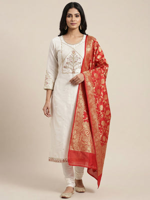 Magnetic White Colored Festive Wear Embroidered Modal Chanderi Dress Material - Image 1