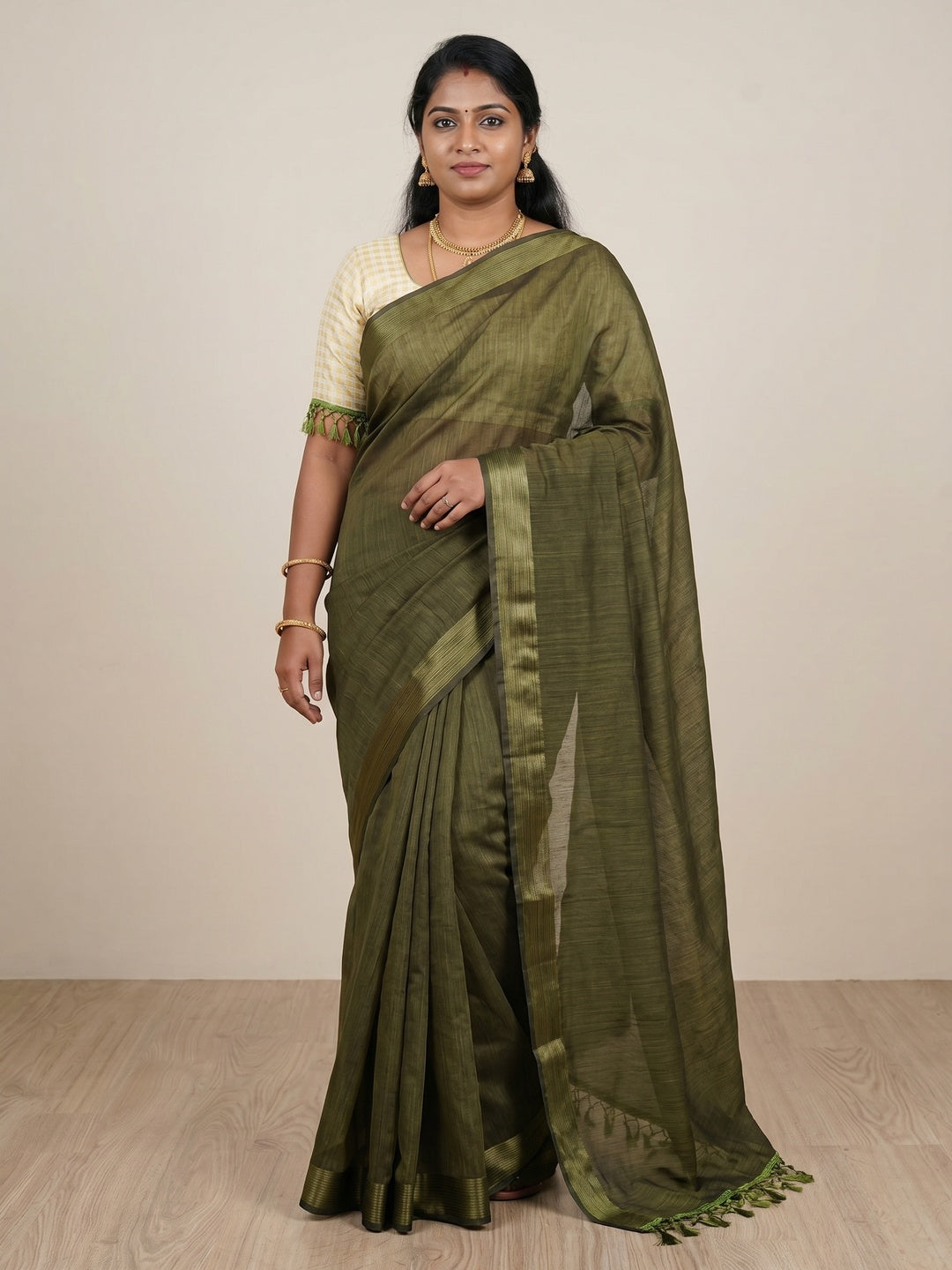 Attractive Mehdi Colored Casual Wear Cotton With Soft Satin Border Saree - Image 1