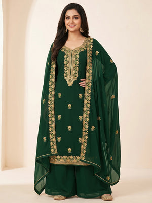 Ideal Dark Green Coloured Casual Wear Embroidered Georgette Dress Material - Image 1