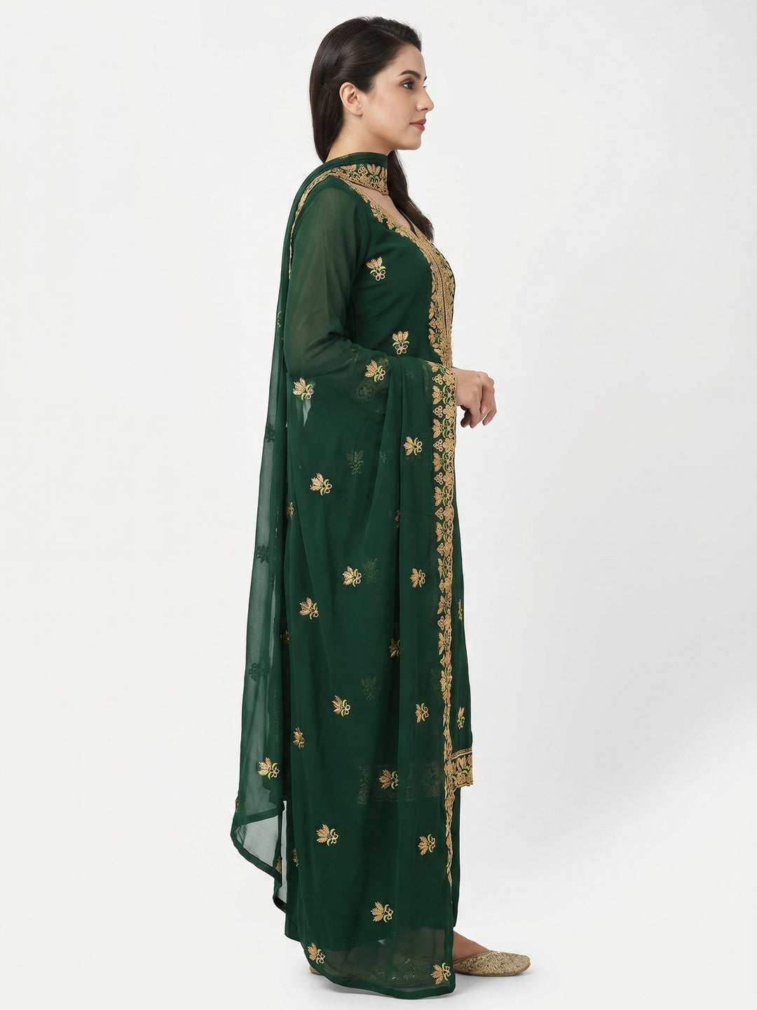 Ideal Dark Green Coloured Casual Wear Embroidered Georgette Dress Material - Image 2