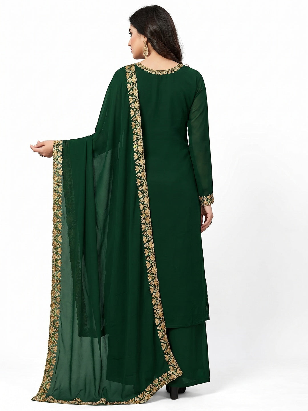 Ideal Dark Green Coloured Casual Wear Embroidered Georgette Dress Material - Image 3