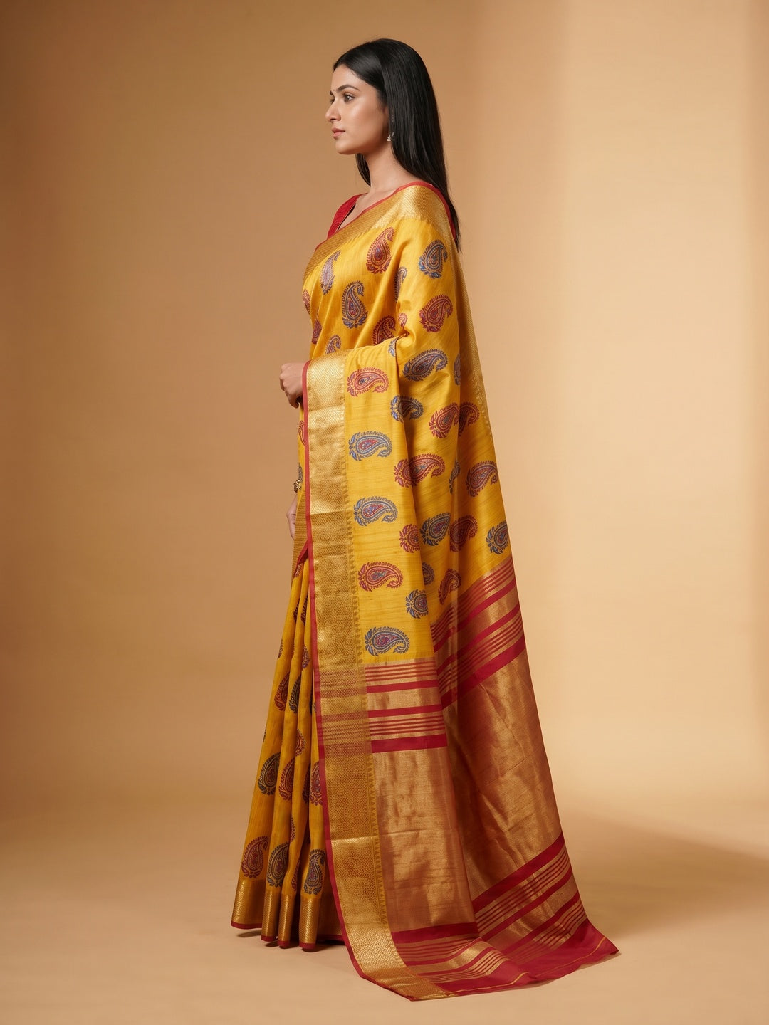 Groovy Yellow Colored Festive Wear Woven Tussar Silk Saree - Image 3