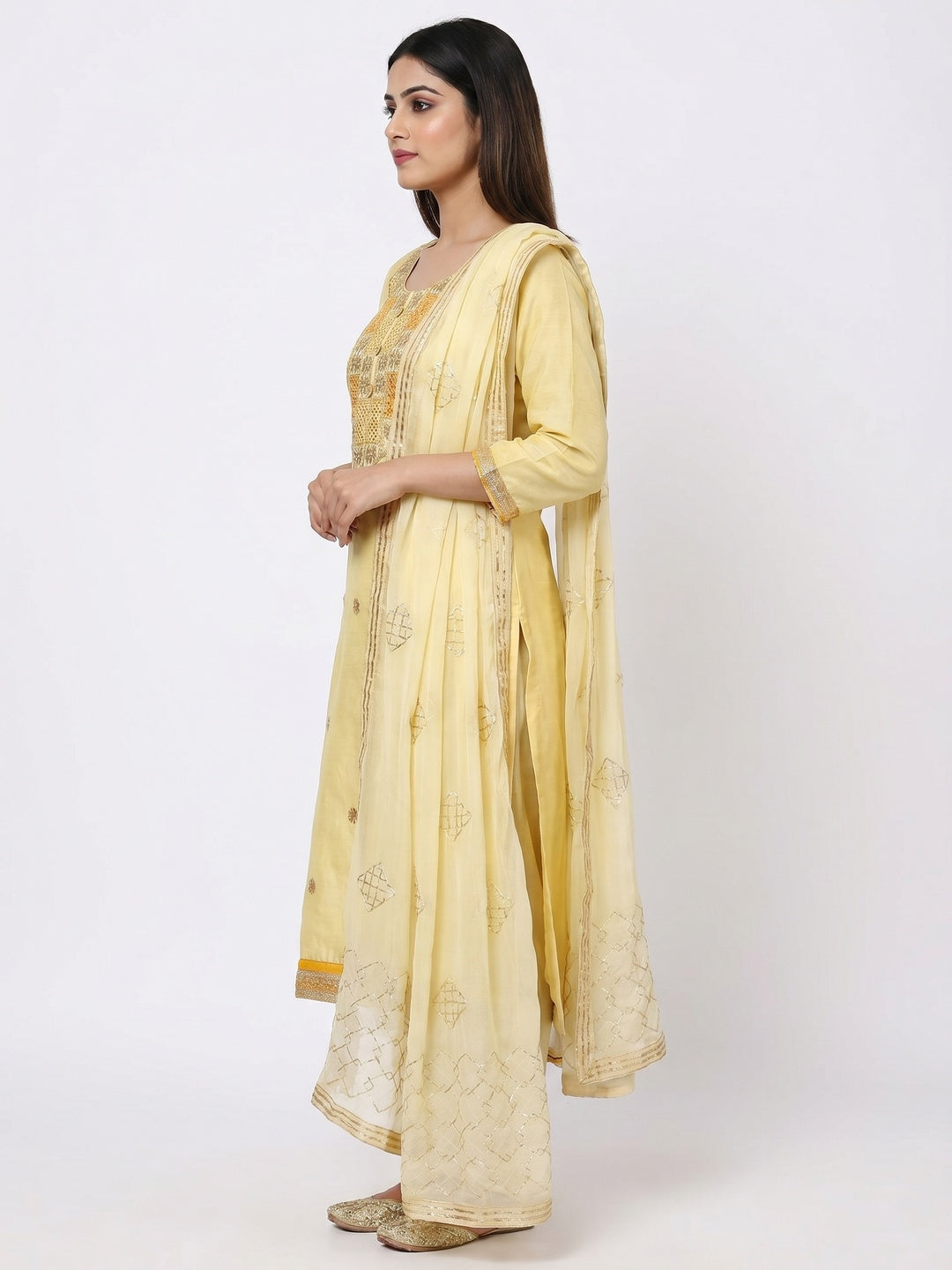 Preferable Yellow Colored Festive Wear Embroidered Heavy Modal Silk Dress Material - Image 2