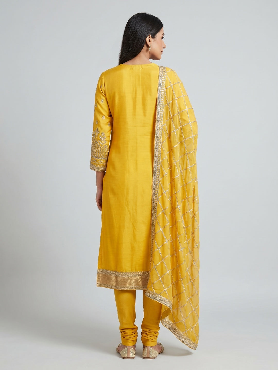 Preferable Yellow Colored Festive Wear Embroidered Heavy Modal Silk Dress Material - Image 3
