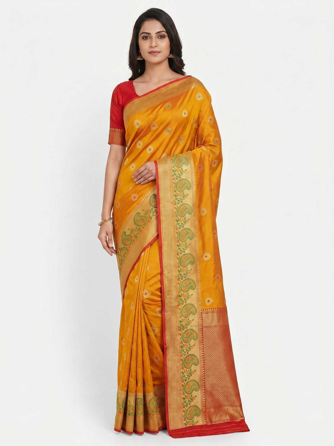 Eye-catching Mustard-Yellow Colored Festive Wear Woven Soft Silk Saree - Image 1