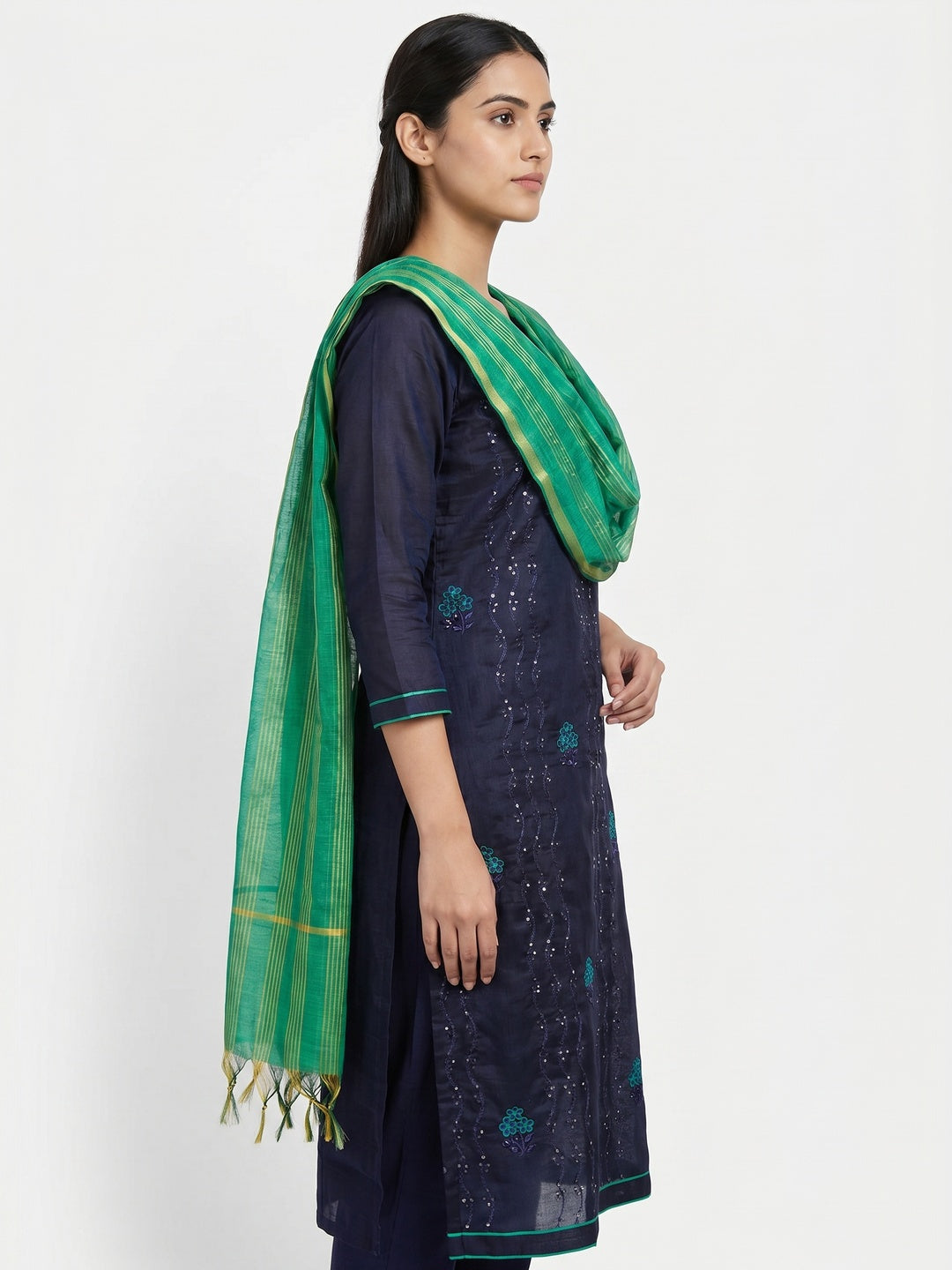 Glorious Navy Blue - Green Colored Casual Wear Embroidered Chanderi Dress Material - Image 3