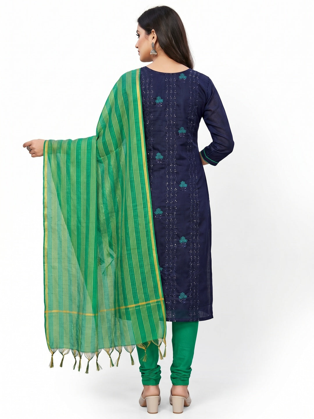Glorious Navy Blue - Green Colored Casual Wear Embroidered Chanderi Dress Material - Image 2