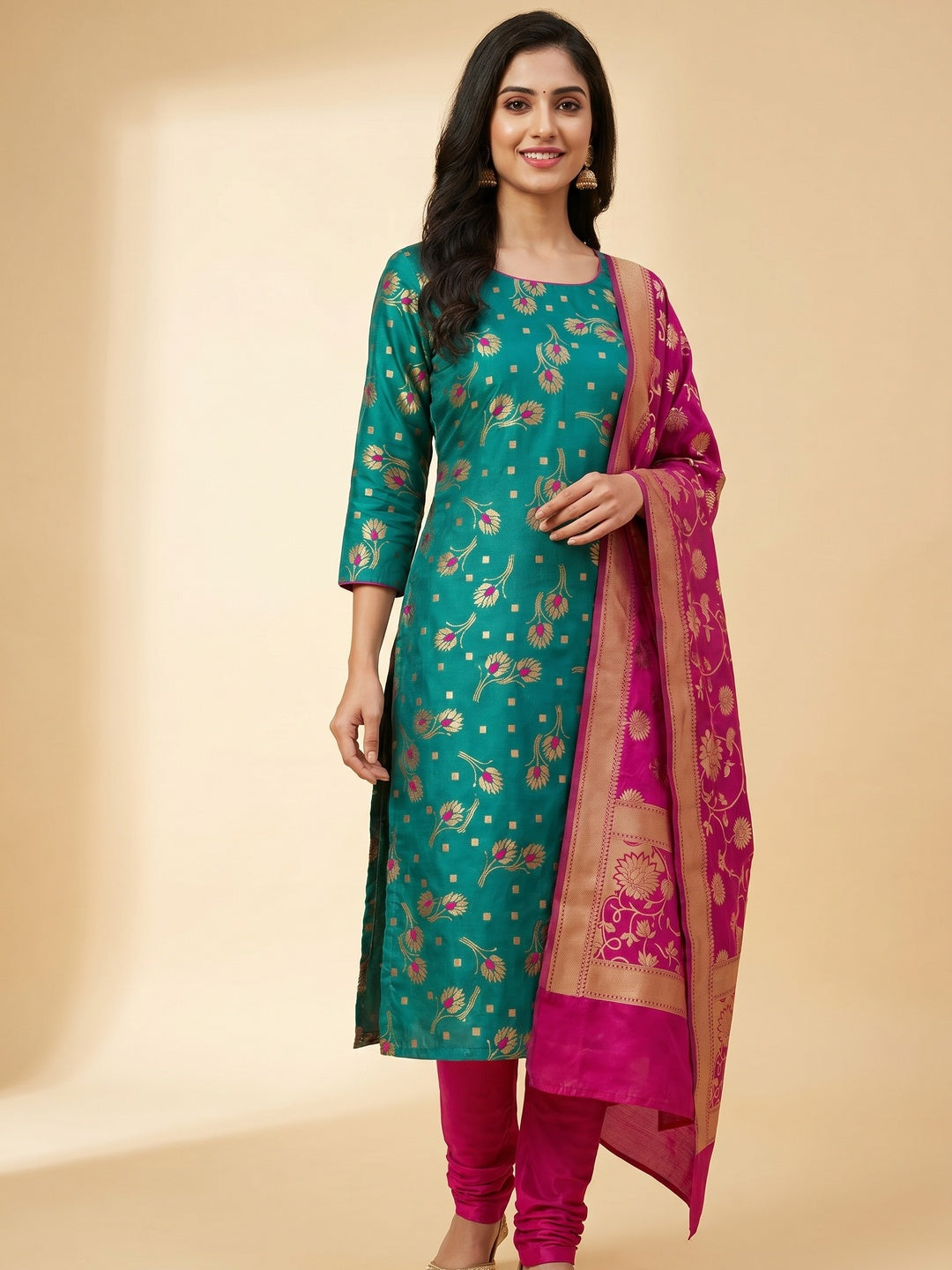 Glowing Rama Green Colored Casual Wear Woven Banarasi Silk Dress Material - Image 1