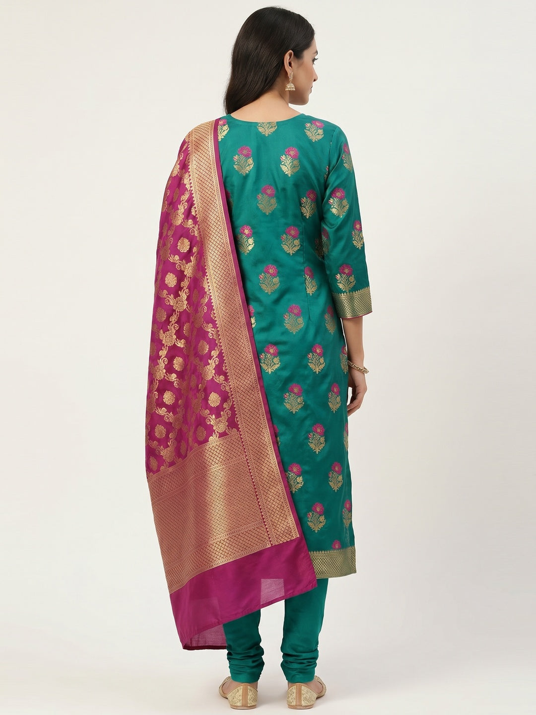 Glowing Rama Green Colored Casual Wear Woven Banarasi Silk Dress Material - Image 2