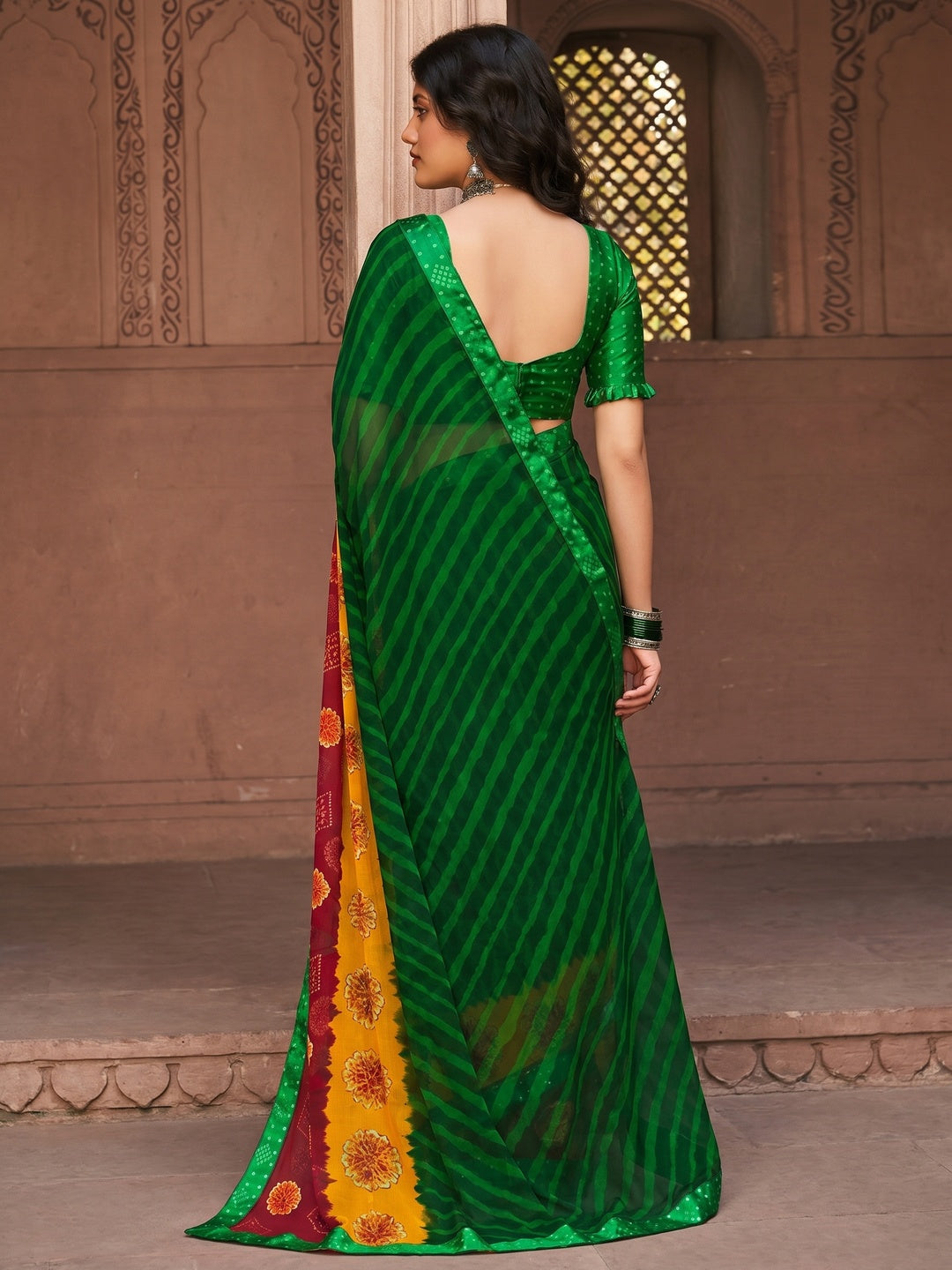 Magnetic Green Coloured Casual Wear Printed Georgette Saree - Image 1