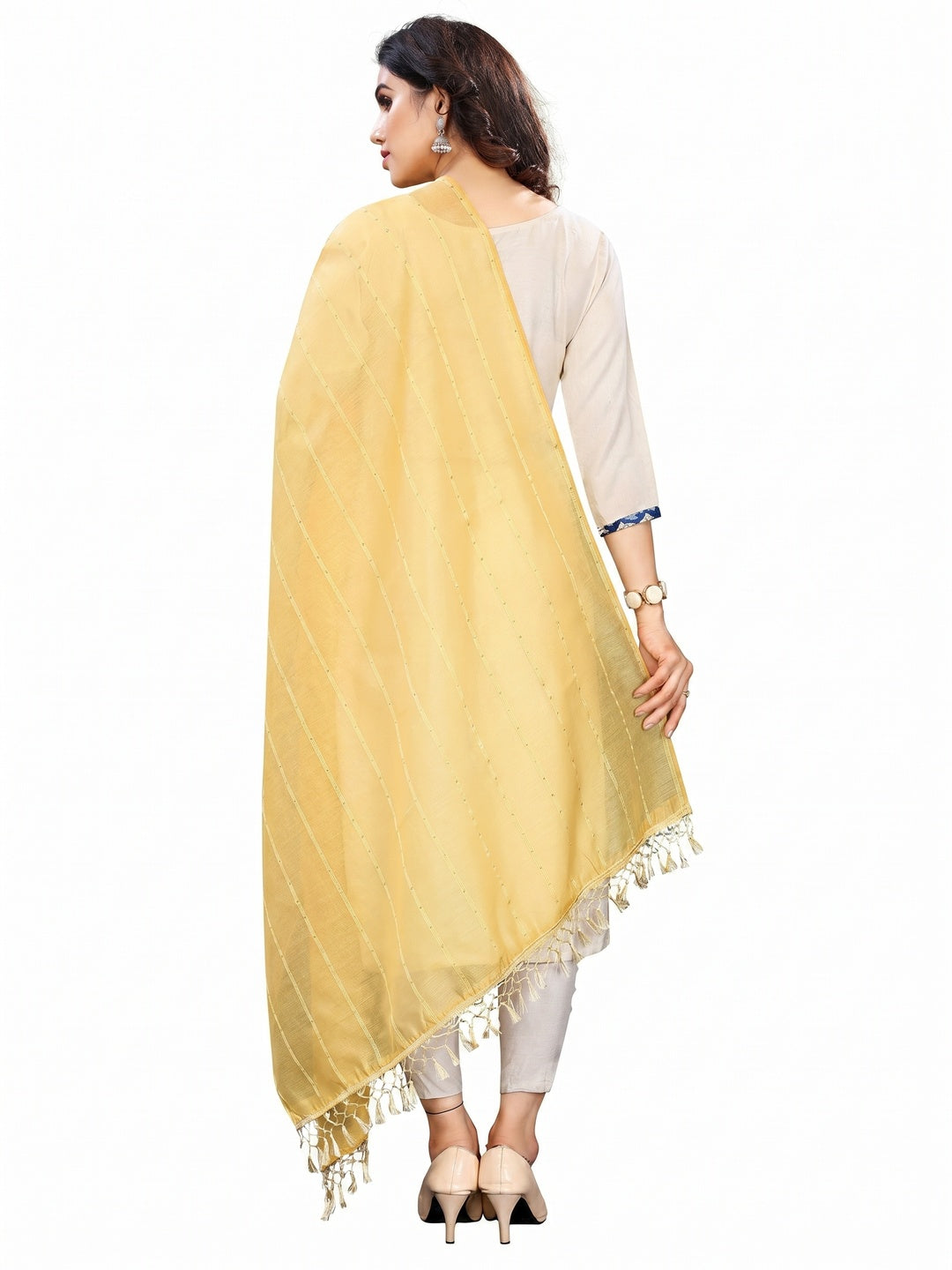 Yellow Stripes Woven Sequins Festive Wear Cotton Silk Dupatta - Image 1