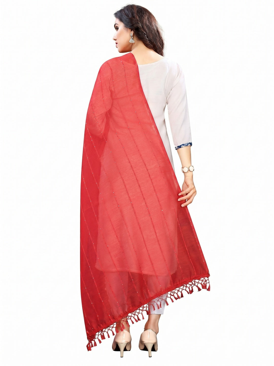 Red Stripes Woven Sequins Festive Wear Cotton Silk Dupatta - Image 1