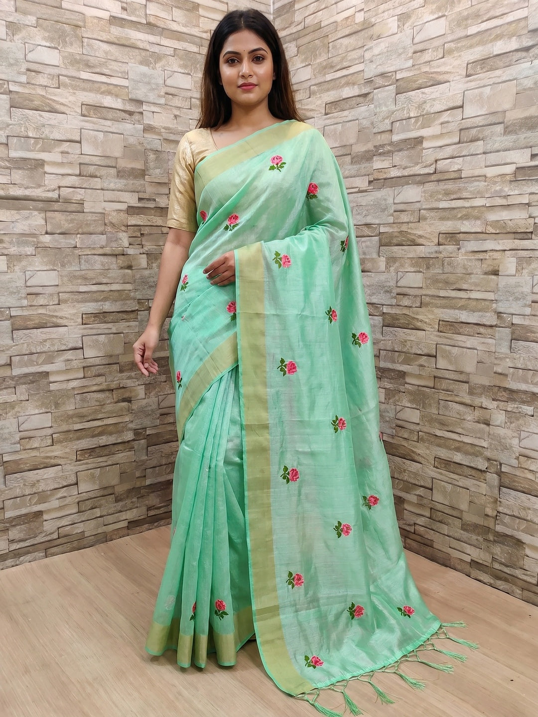 Green Festive Wear Floral Embroidered Manipuri Silk Saree With Tassels - Image 1