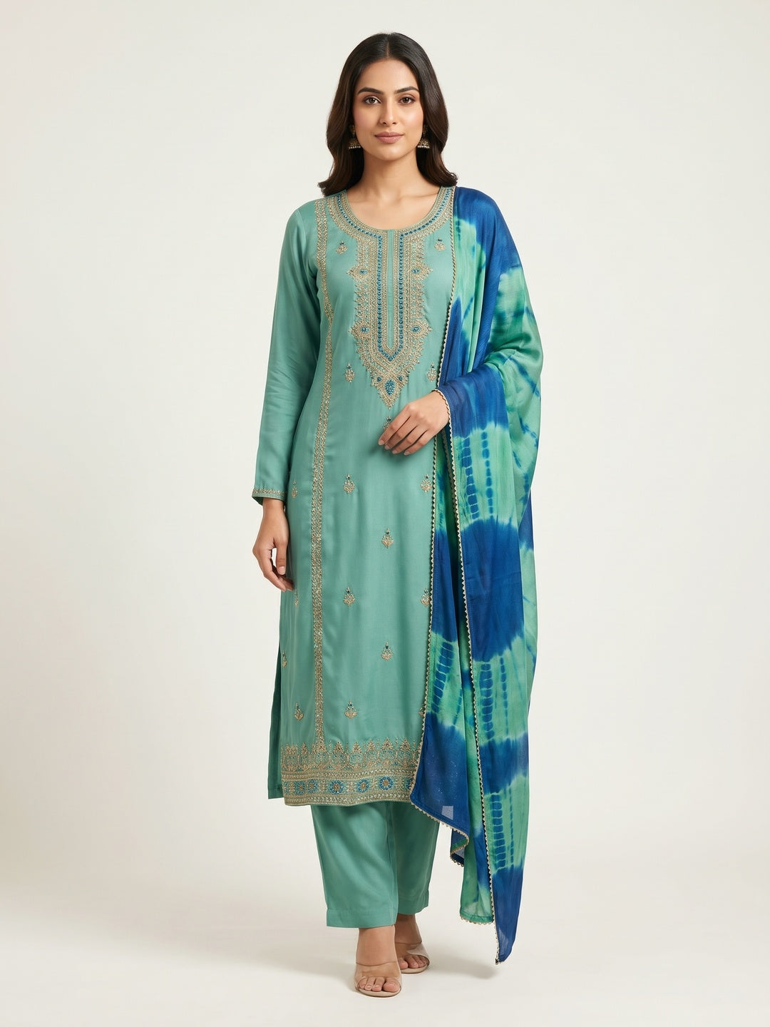 Sea Green Casual Wear Embroidered Modal Dress Material - Image 1