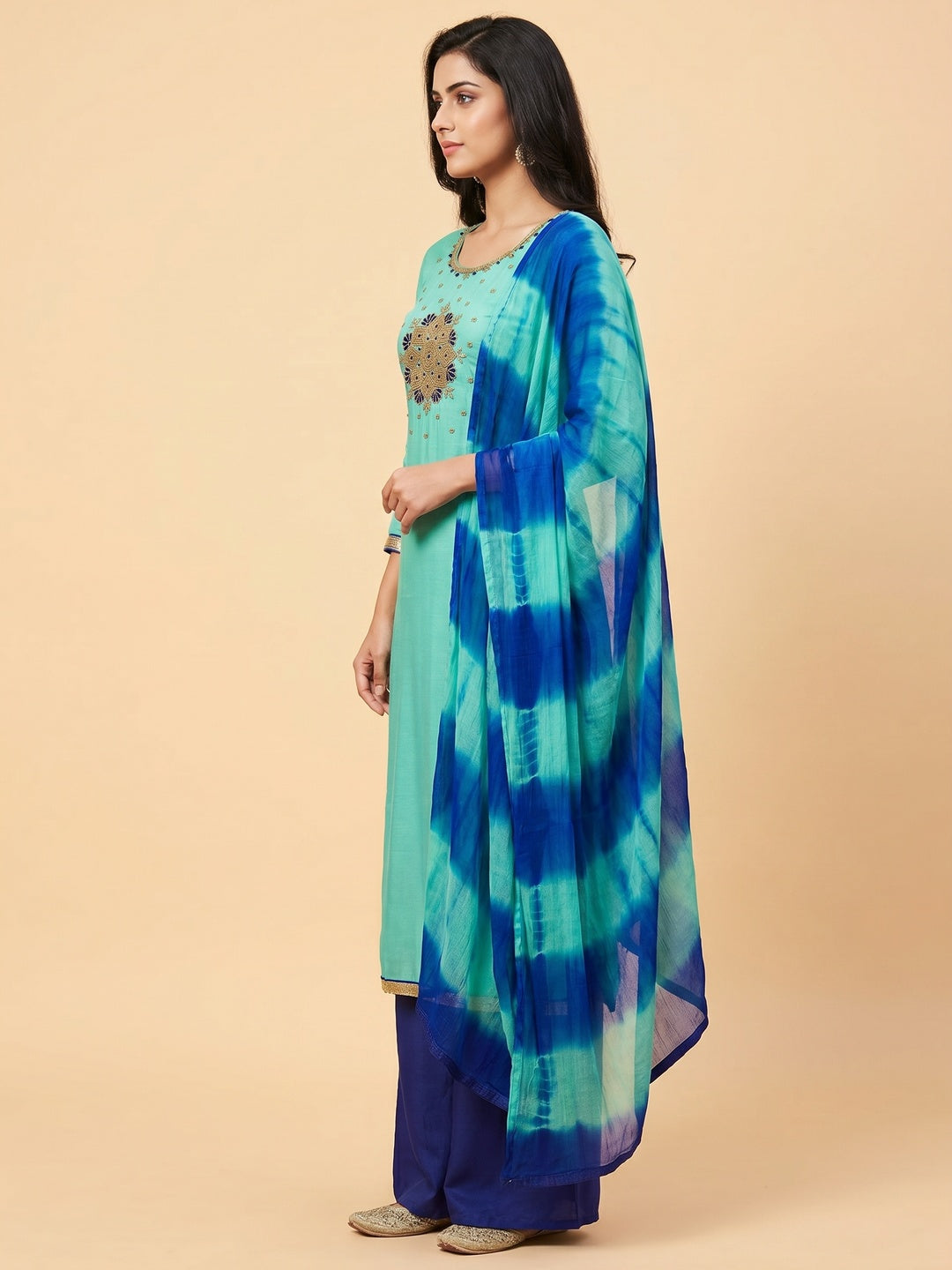Sea Green Casual Wear Embroidered Modal Dress Material - Image 2