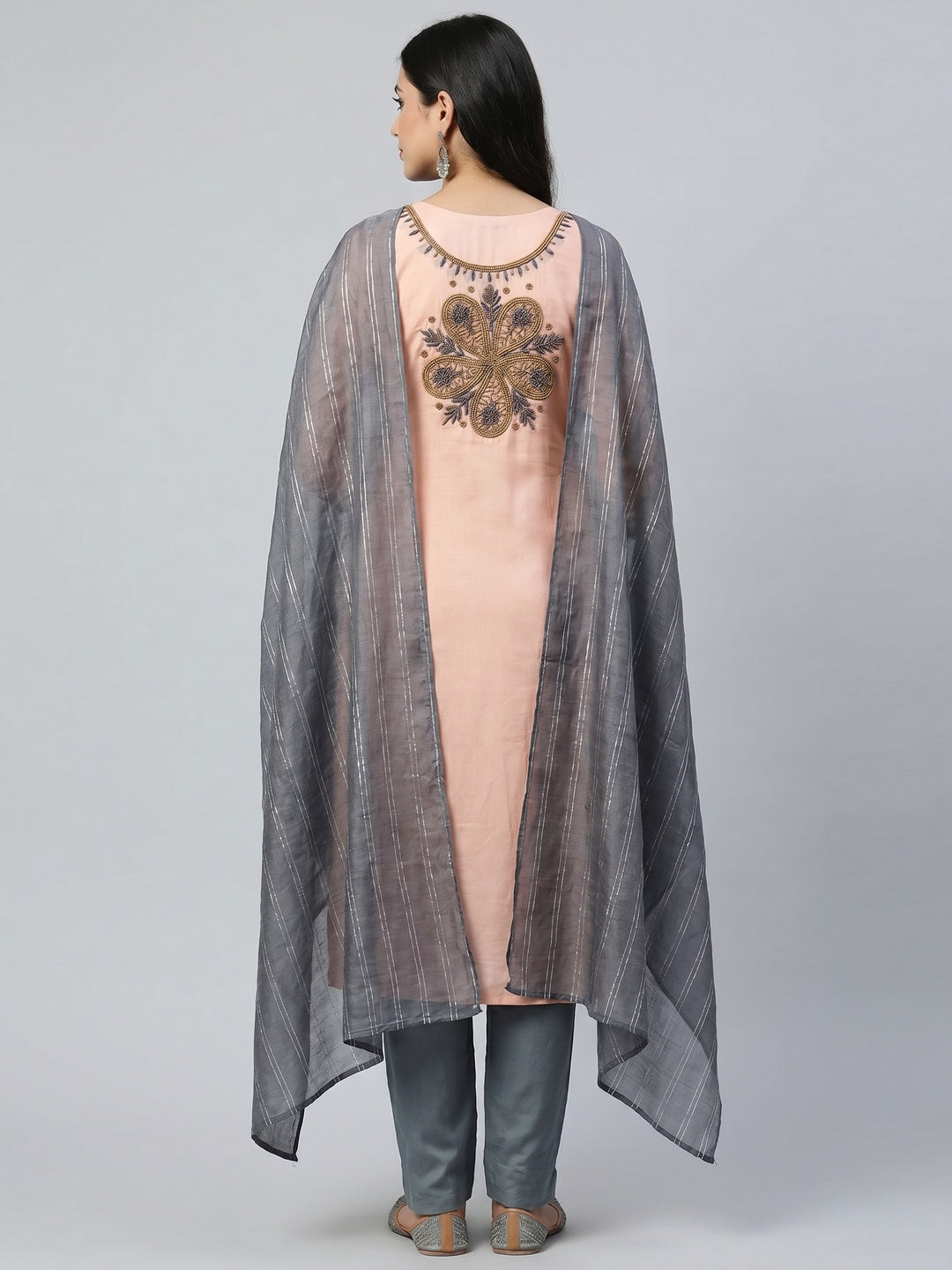 Light Orange Casual Wear Embroidered Modal Dress Material - Image 3