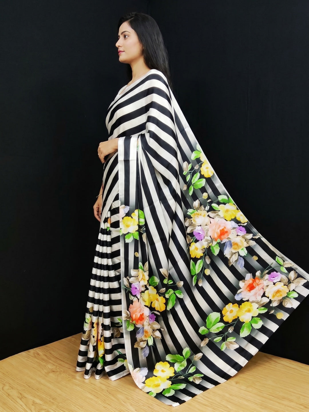 Black-White Casual Wear Stripes With Floral Digital Printed Satin Saree - Image 1