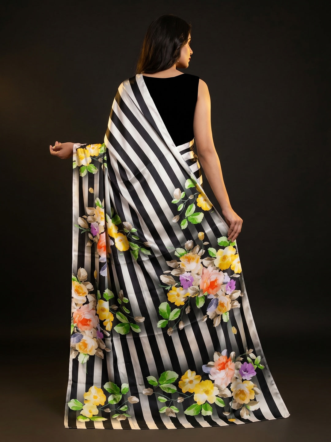 Black-White Casual Wear Stripes With Floral Digital Printed Satin Saree - Image 2