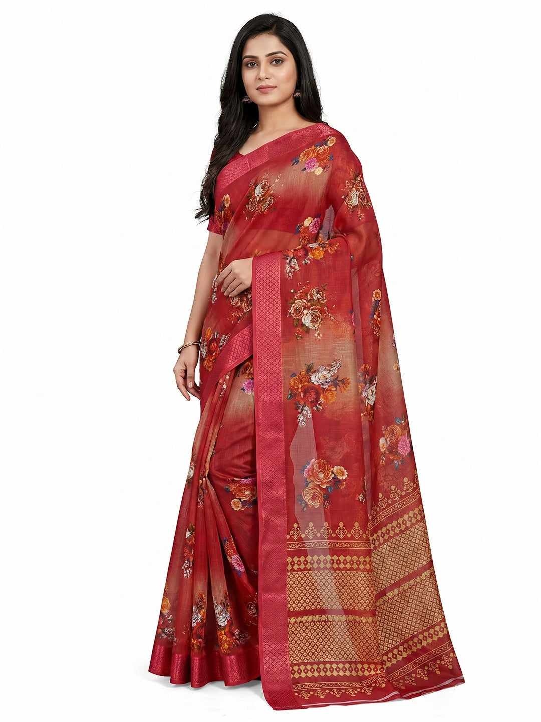 Maroon Festive Wear Floral Digital Printed With Woven Border Soft Cotton Saree - Image 1