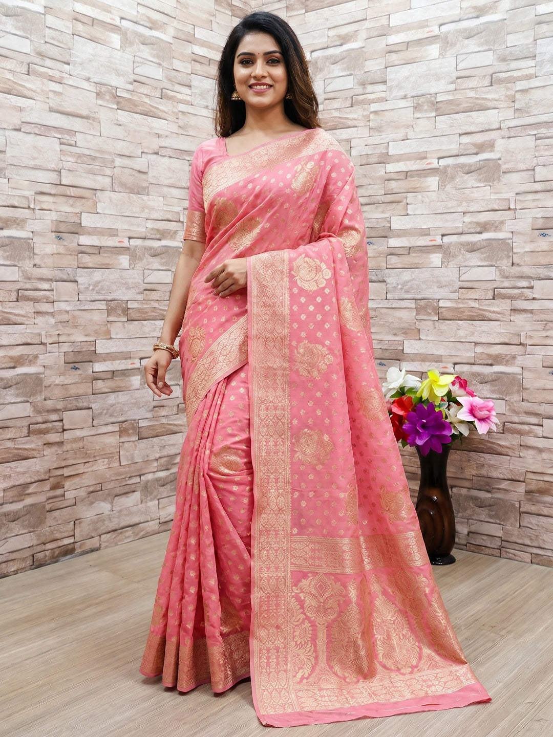 Baby Pink Festive Wear Woven Jacquard Silk Saree - Image 1