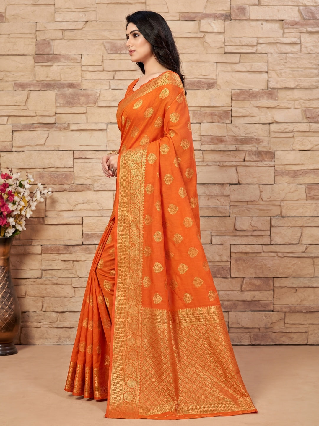Orange Festive Wear Woven Jacquard Silk Saree - Image 3