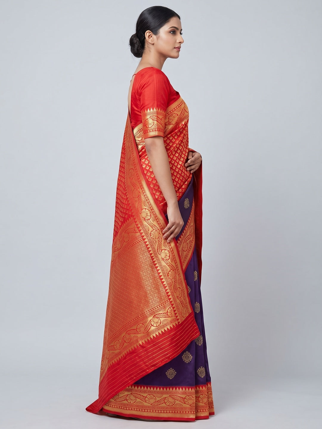 Red-Purple Festive Wear Woven Butti Designer Border Soft Lichi Silk Saree - Image 2