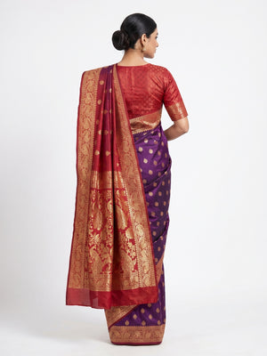 Red-Purple Festive Wear Woven Butti Designer Border Soft Lichi Silk Saree - Image 1