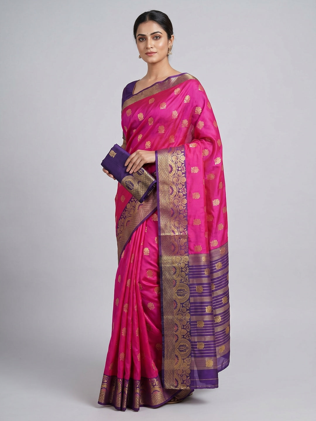 Dark Pink Festive Wear Floral Woven Soft Silk Saree With Meena Butta Lining Pallu - Image 3