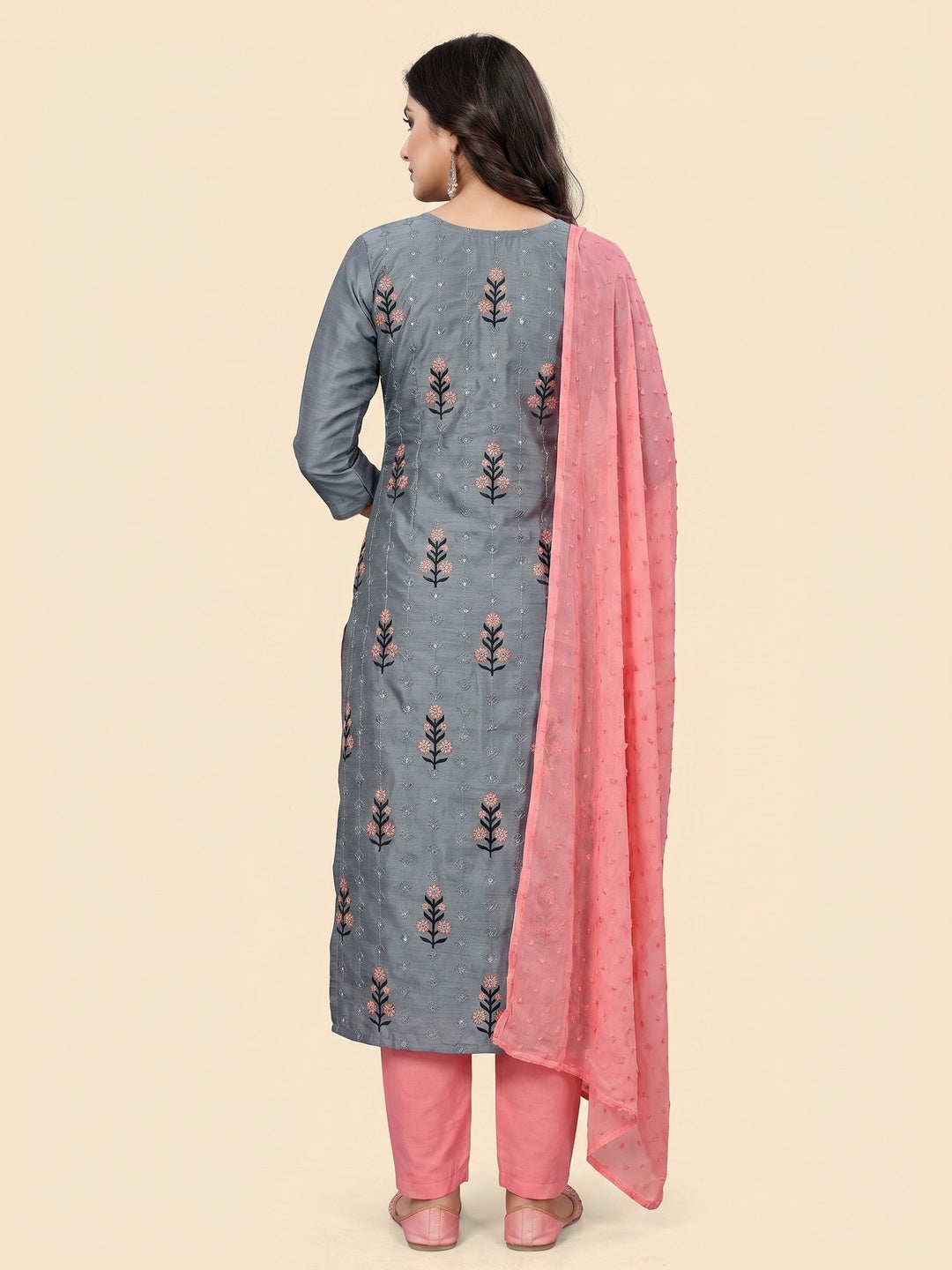 Grey Casual Wear Floral Embroidered Silk Dress Material - Image 3