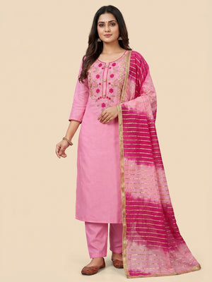 Pink Casual Wear Floral Embroidery With Hand Work Cotton Dress Material - Image 1