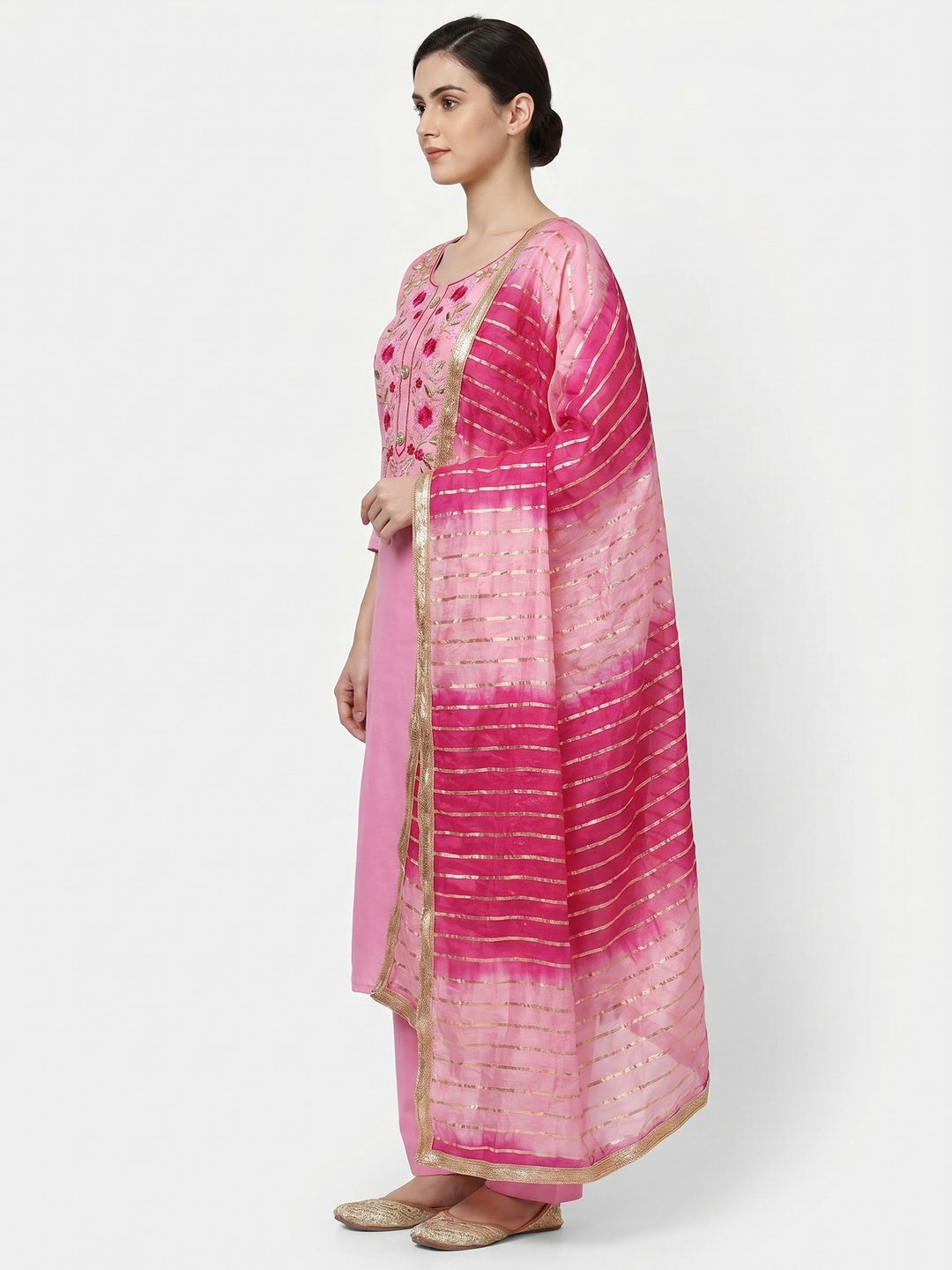 Pink Casual Wear Floral Embroidery With Hand Work Cotton Dress Material - Image 3
