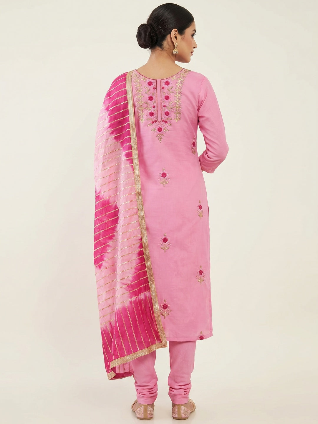 Pink Casual Wear Floral Embroidery With Hand Work Cotton Dress Material - Image 2